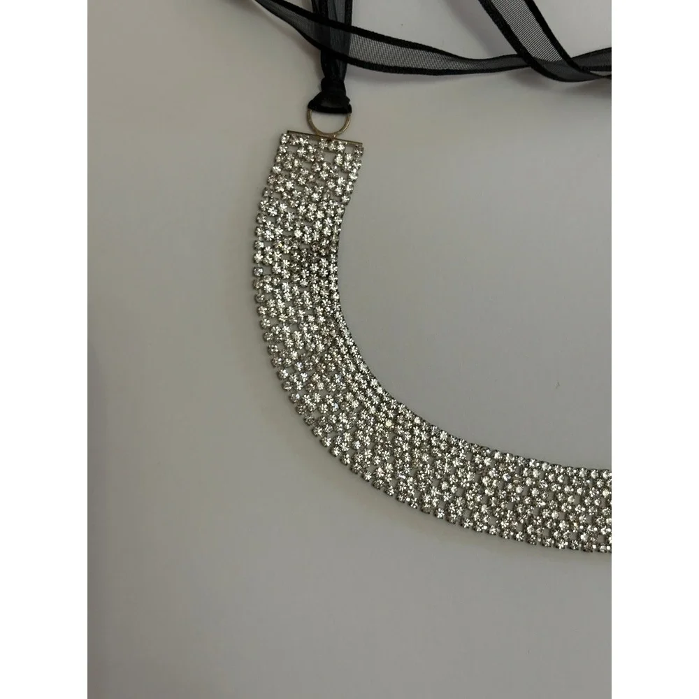 Silver Rhinestone Belt with Black Ribbon Ties Wedding Gala Formal Glam Accessory
